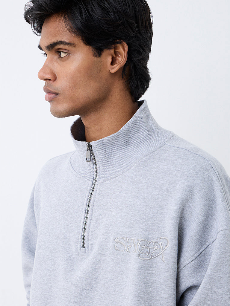 Nuon Grey Quarter-Zip Oversized Cotton-Blend Sweatshirt