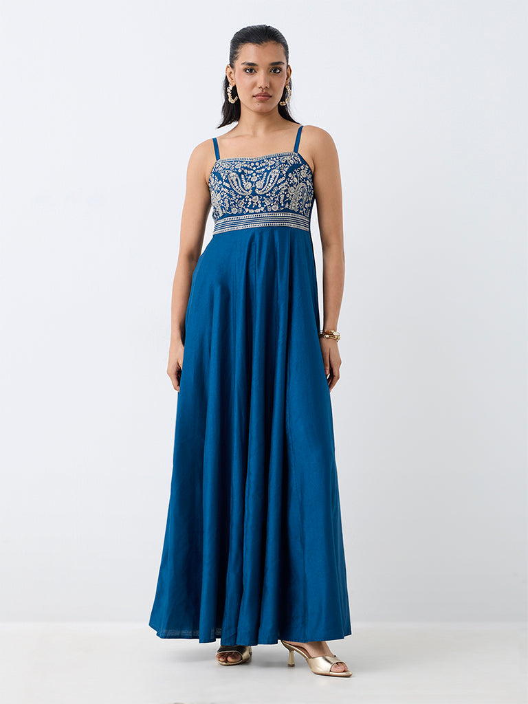 Vark Navy Floral Embroidered Fit-and-Flare Dress