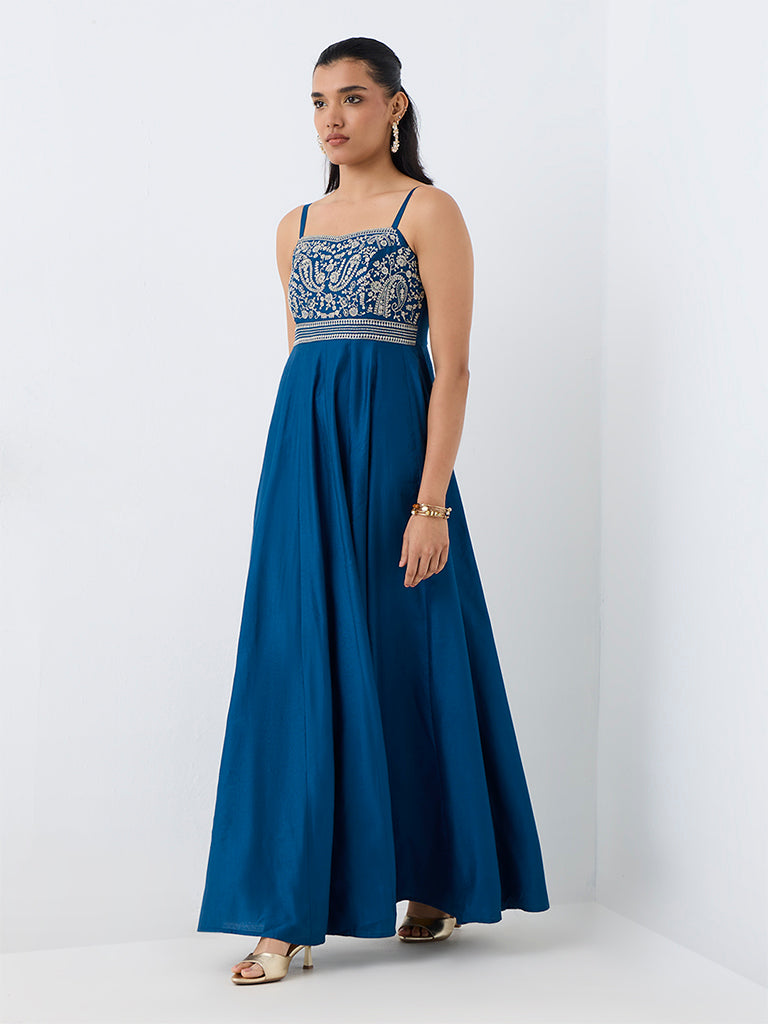 Vark Navy Floral Embroidered Fit-and-Flare Dress