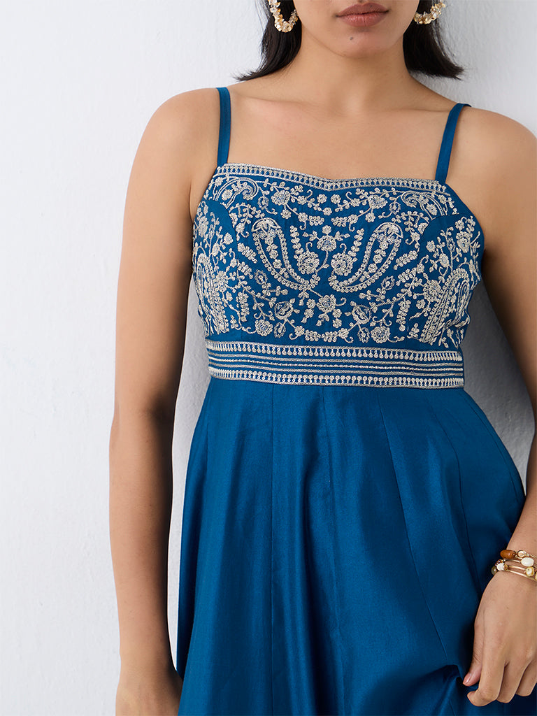 Vark Navy Floral Embroidered Fit-and-Flare Dress