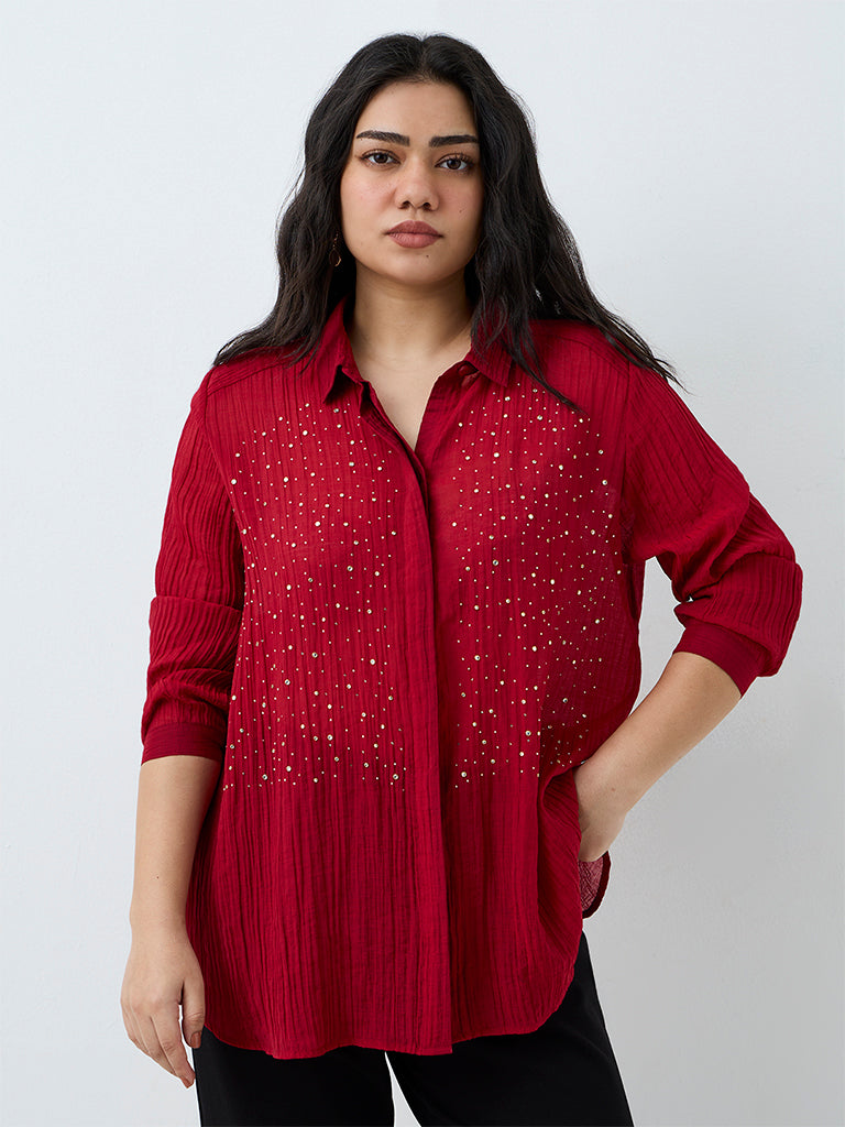 Gia Red Embellished Crinkle-Textured Shirt