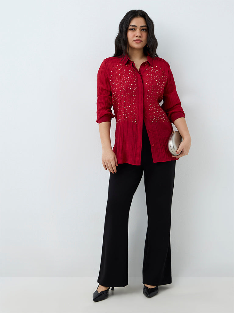 Gia Red Embellished Crinkle-Textured Shirt