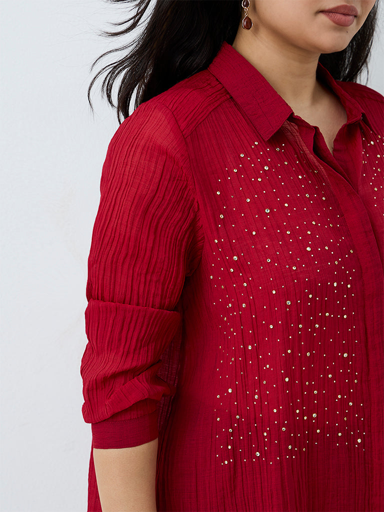 Gia Red Embellished Crinkle-Textured Shirt