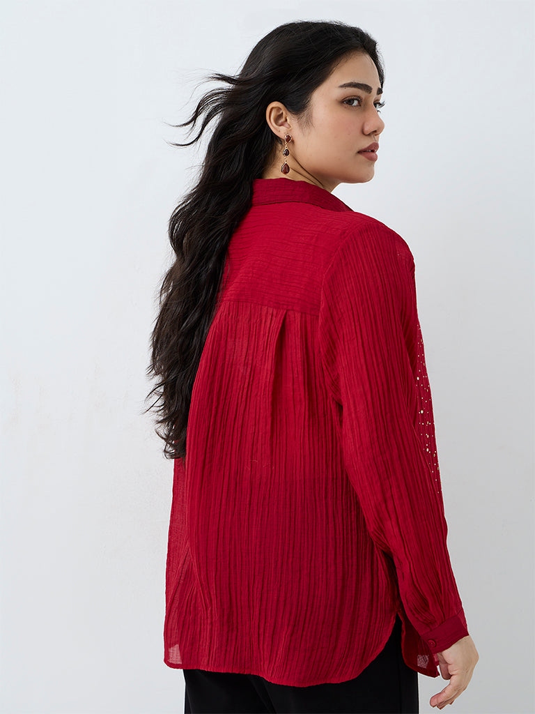 Gia Red Embellished Crinkle-Textured Shirt
