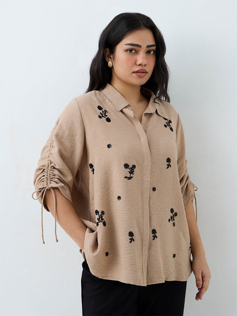 Gia Beige Floral Embroidered Shirt
