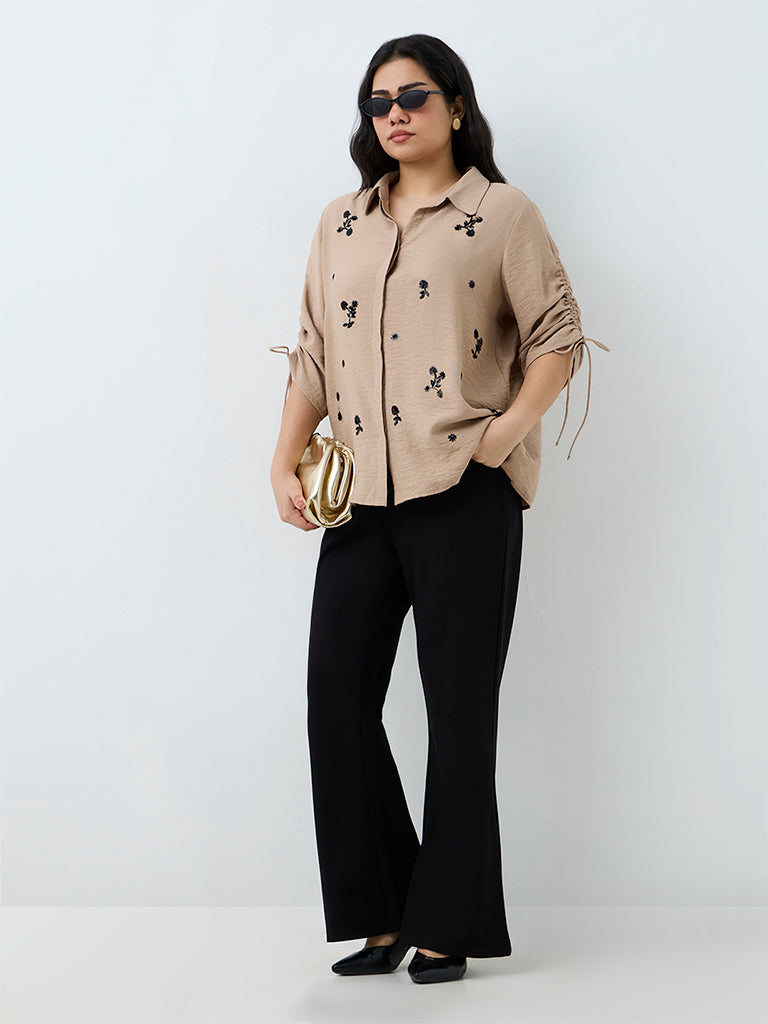 Gia Beige Floral Embroidered Shirt