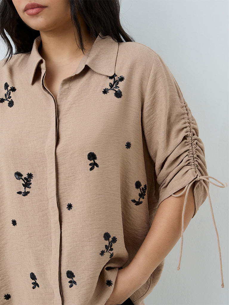 Gia Beige Floral Embroidered Shirt