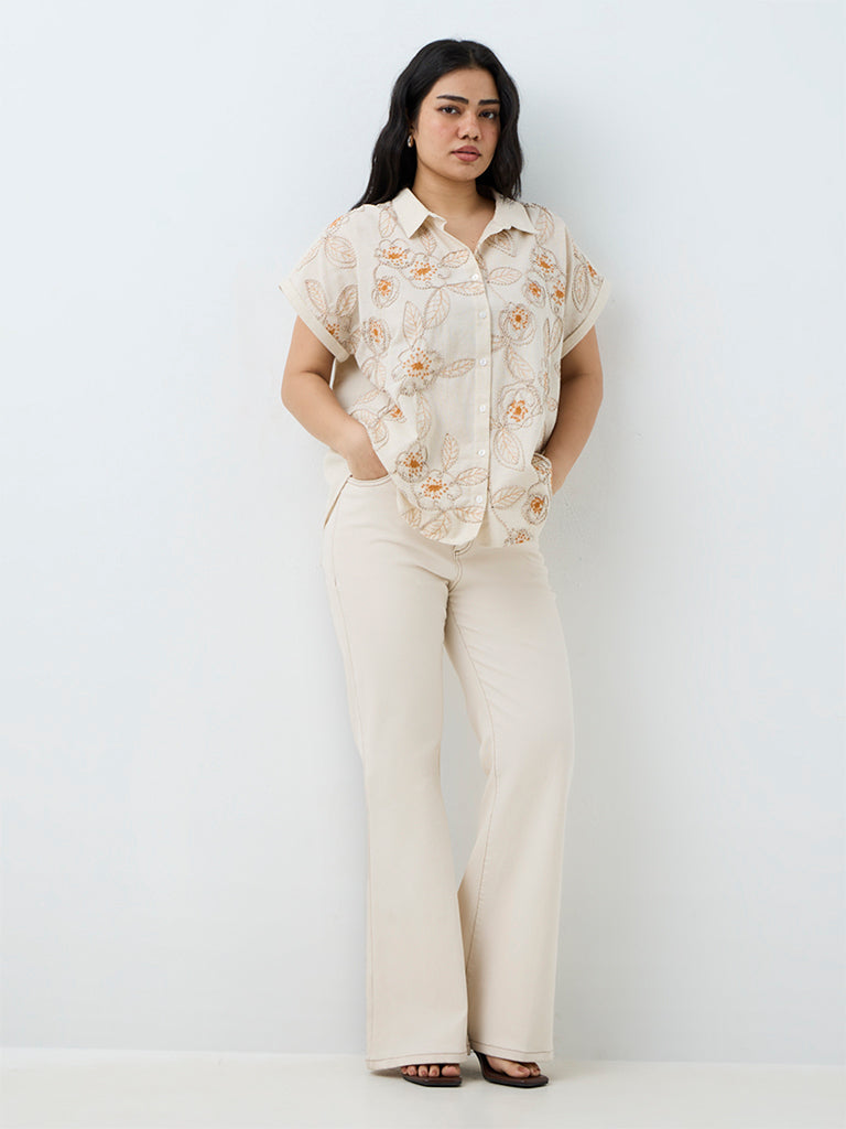 Gia Ivory Floral Embroidered Cotton-Blend Shirt