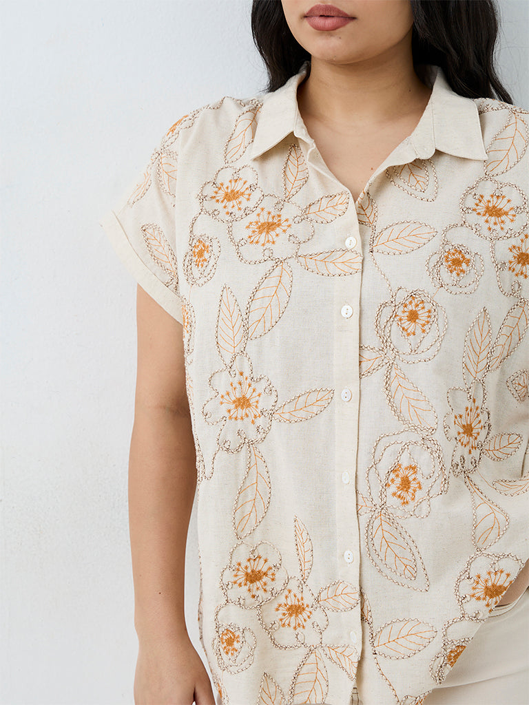 Gia Ivory Floral Embroidered Cotton-Blend Shirt
