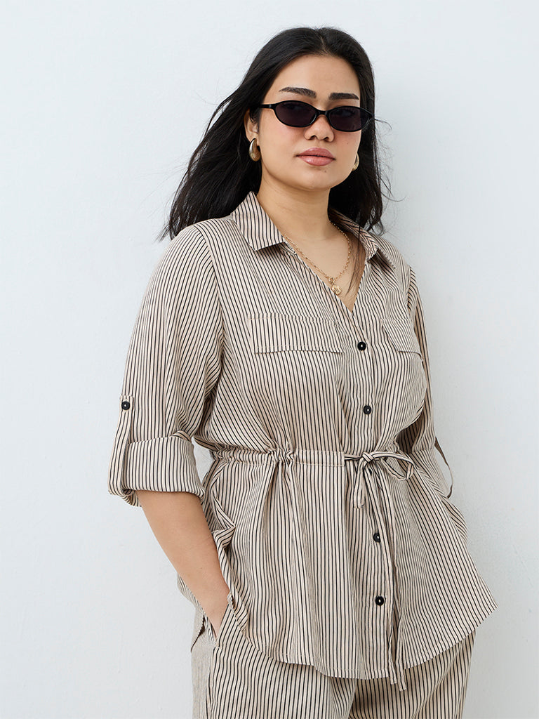 Gia Light Taupe Striped Drawstring-Detail Blouse