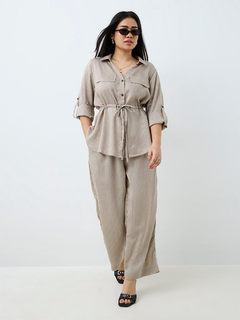 Gia Light Taupe Striped Drawstring-Detail Blouse