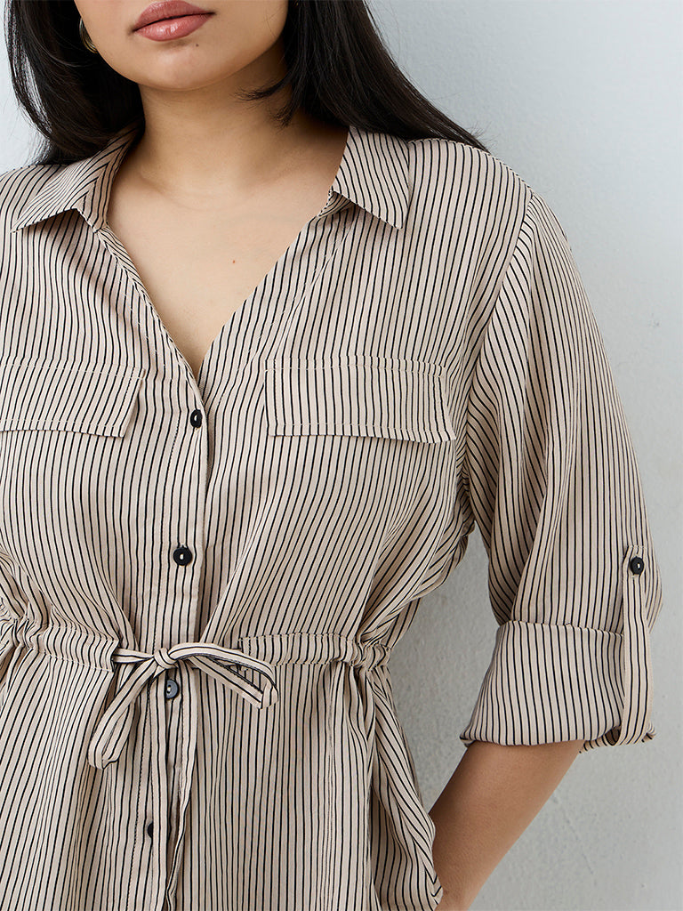 Gia Light Taupe Striped Drawstring-Detail Blouse