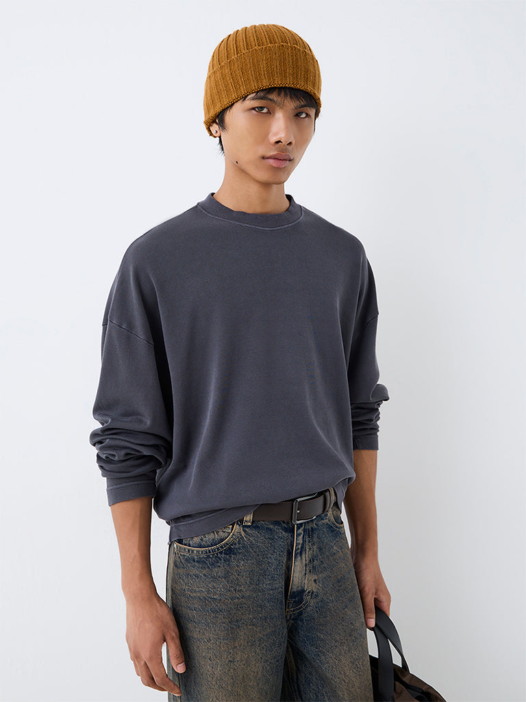 Nuon Charcoal Solid Oversized-Fit Cotton Sweatshirt