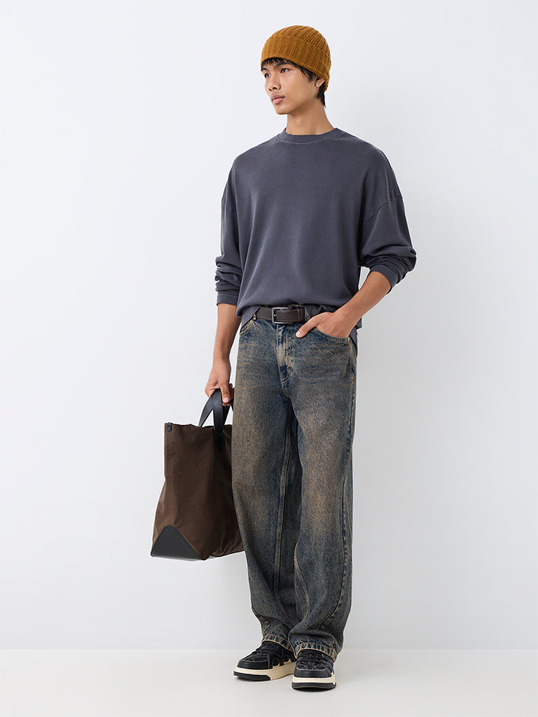 Nuon Charcoal Solid Oversized-Fit Cotton Sweatshirt