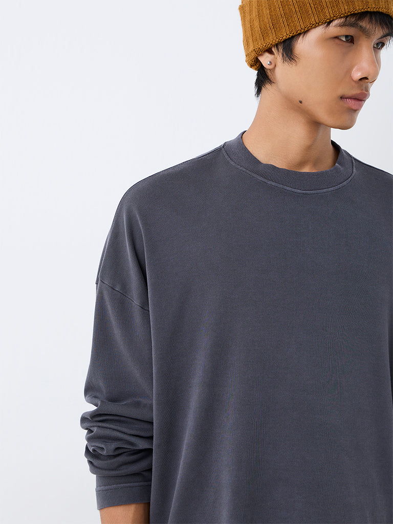 Nuon Charcoal Solid Oversized-Fit Cotton Sweatshirt