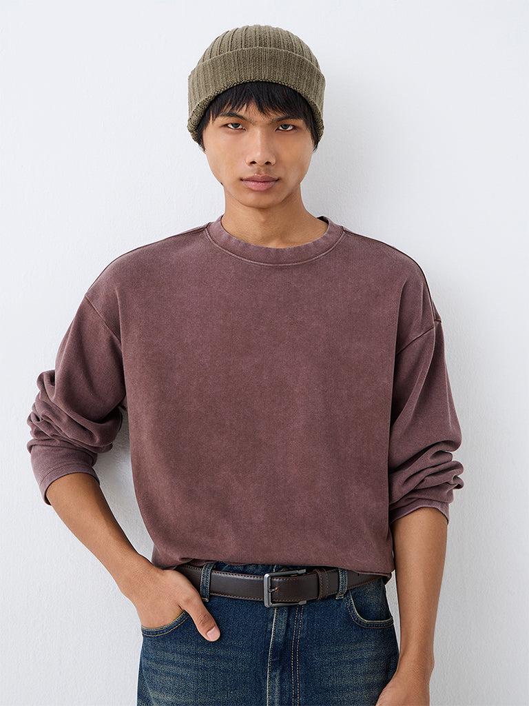 Nuon Dusty Mauve Solid Oversized-Fit Cotton Sweatshirt