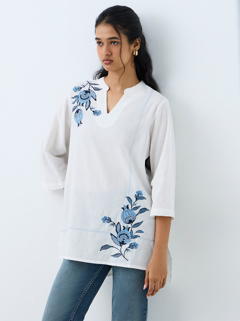 Utsa White Foliage Embroidered Cotton-Blend Tunic