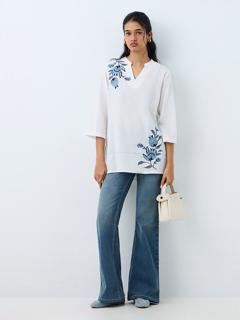 Utsa White Foliage Embroidered Cotton-Blend Tunic
