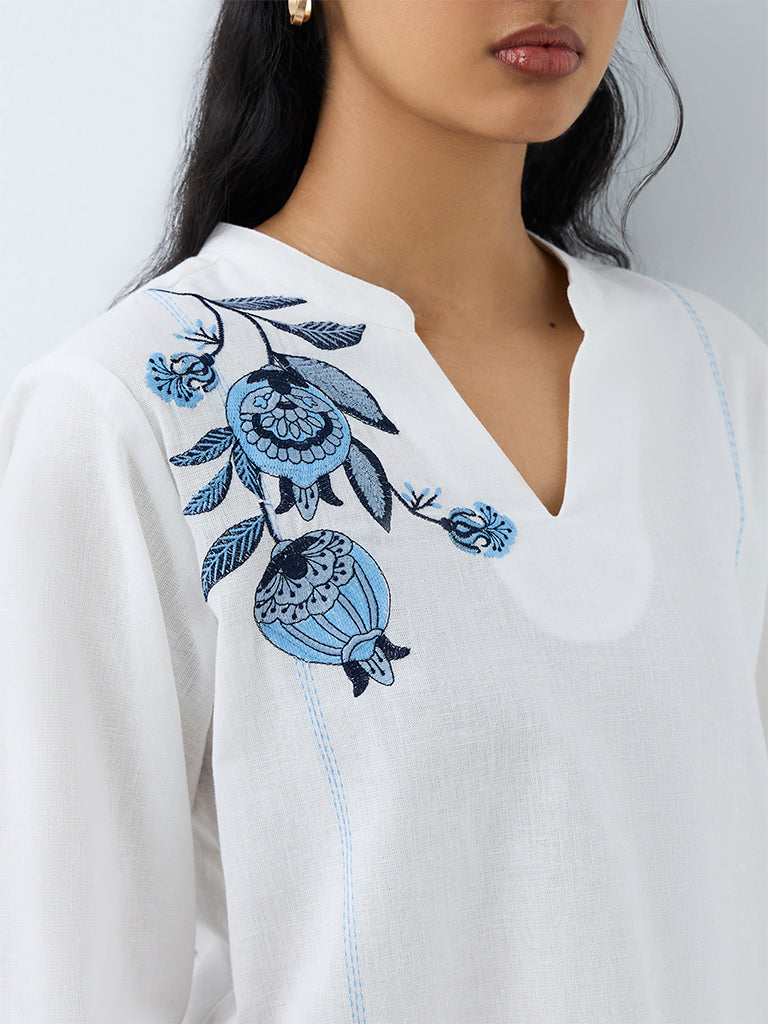 Utsa White Foliage Embroidered Cotton-Blend Tunic