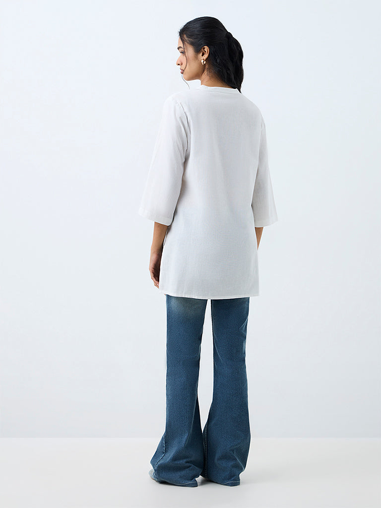 Utsa White Foliage Embroidered Cotton-Blend Tunic