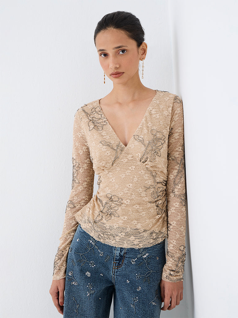 LOV Beige Floral Embellished Mesh Top