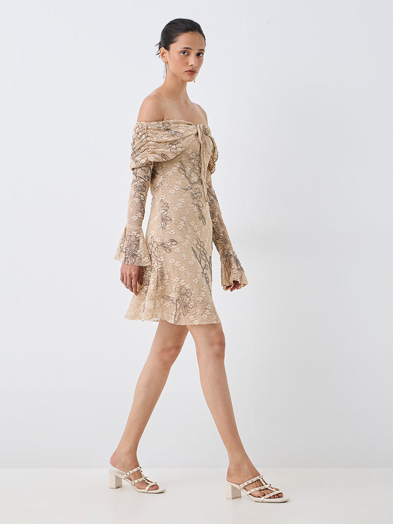 LOV Beige Floral Embellished Mesh A-Line Dress