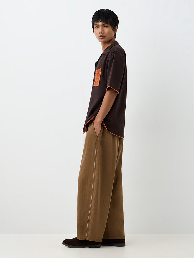 ETA Brown Striped Relaxed-Fit Mid-Rise Cotton-Blend Chinos