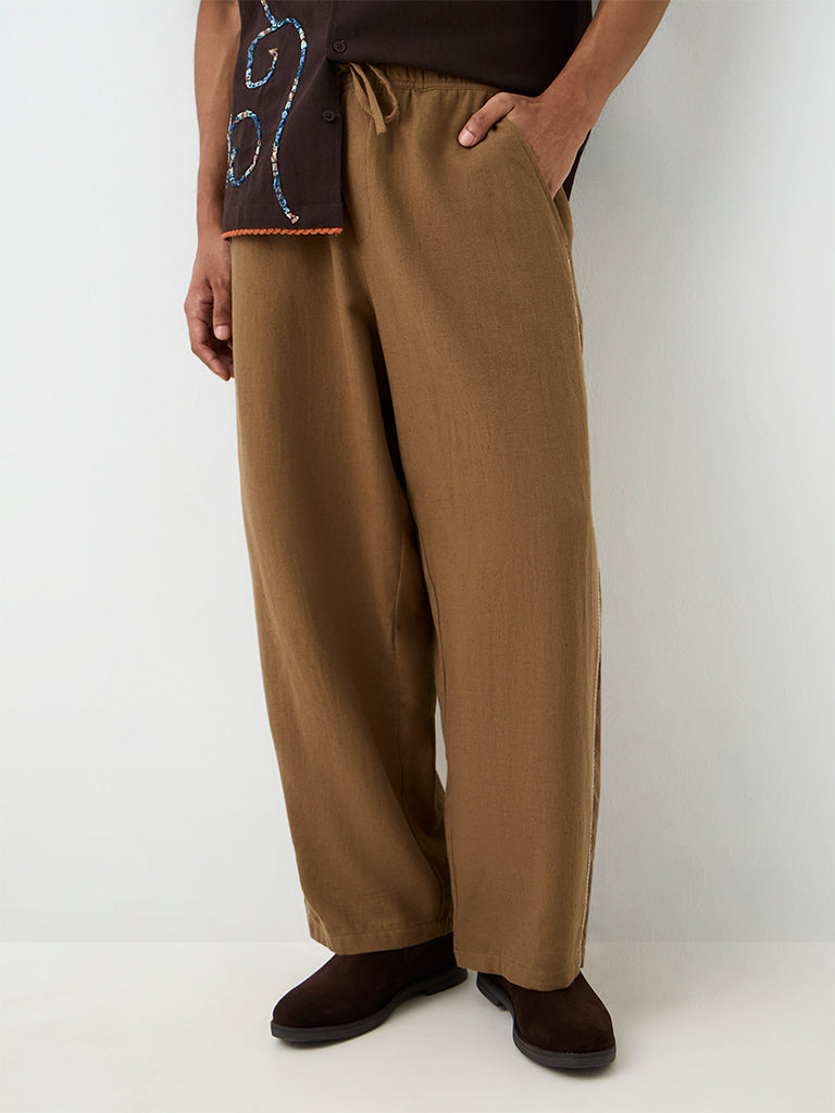 ETA Brown Striped Relaxed-Fit Mid-Rise Cotton-Blend Chinos