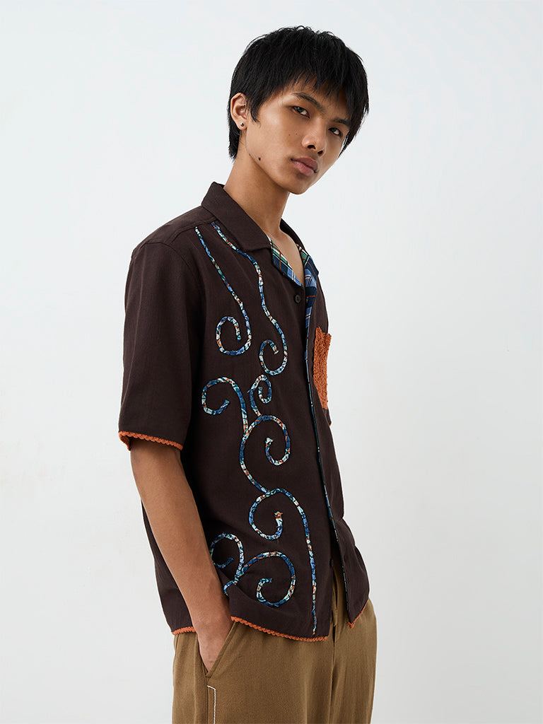 ETA Dark Brown Crochet Detailed Relaxed-Fit Cotton Shirt