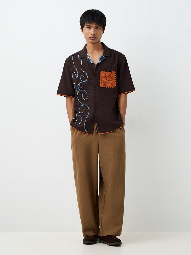 ETA Dark Brown Crochet Detailed Relaxed-Fit Cotton Shirt