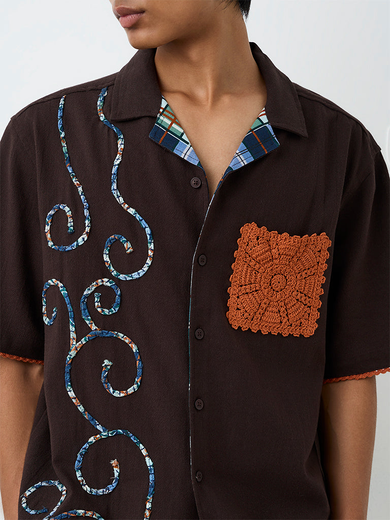 ETA Dark Brown Crochet Detailed Relaxed-Fit Cotton Shirt