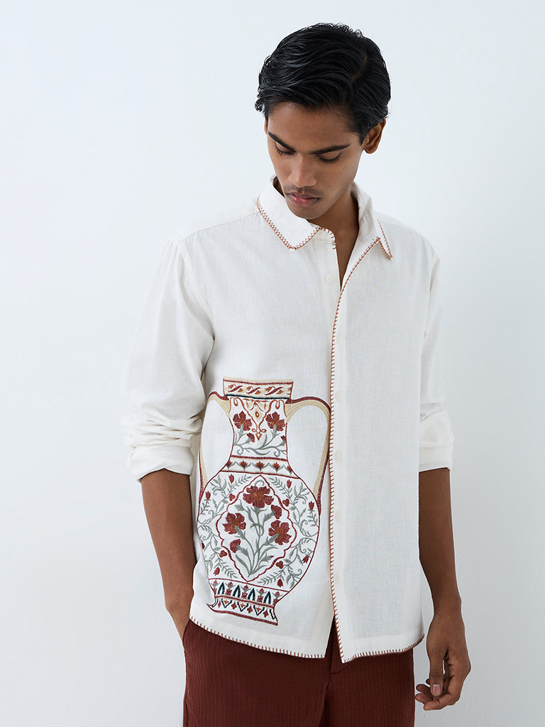 ETA Off-White Embroidered Relaxed-Fit Cotton-Blend Shirt