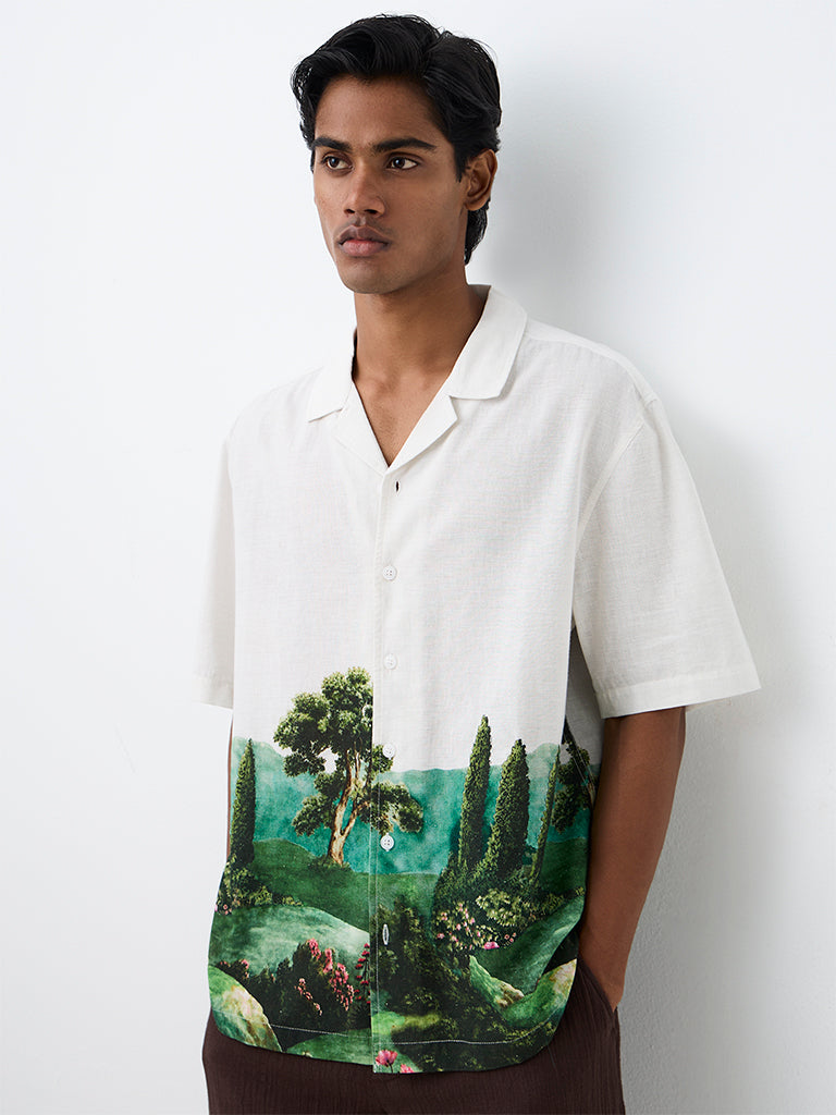 ETA White Foliage Printed Relaxed-Fit Cotton-Blend Shirt