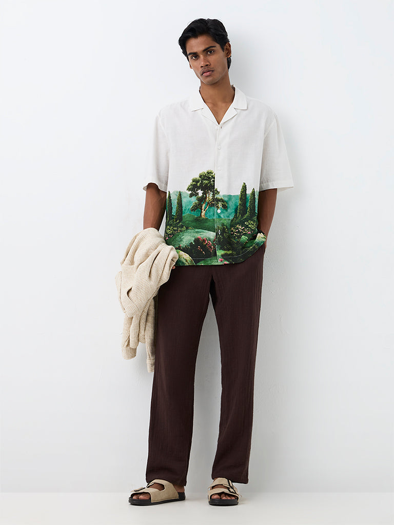 ETA White Foliage Printed Relaxed-Fit Cotton-Blend Shirt