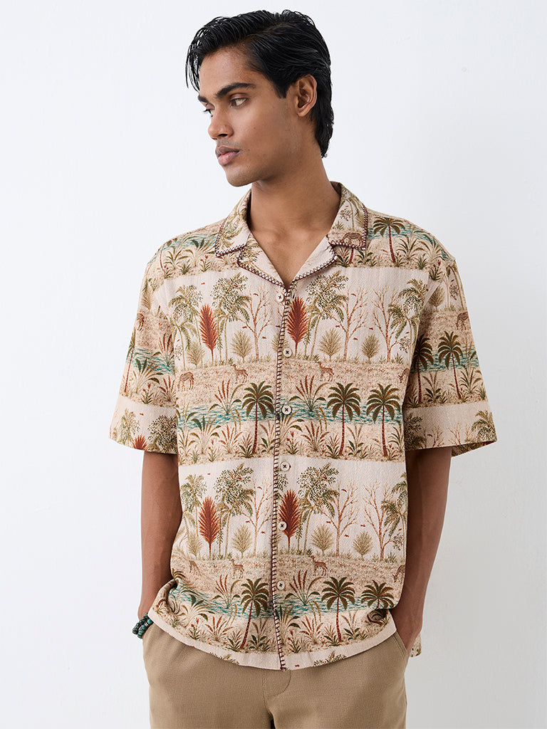 ETA Beige Tropical Printed Relaxed-Fit Cotton Shirt
