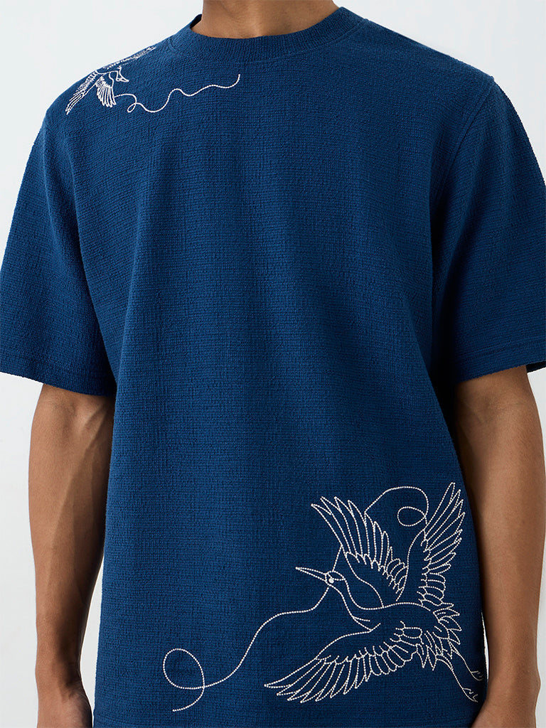 ETA Dark Blue Bird Embroidered Relaxed-Fit Cotton-Blend T-Shirt