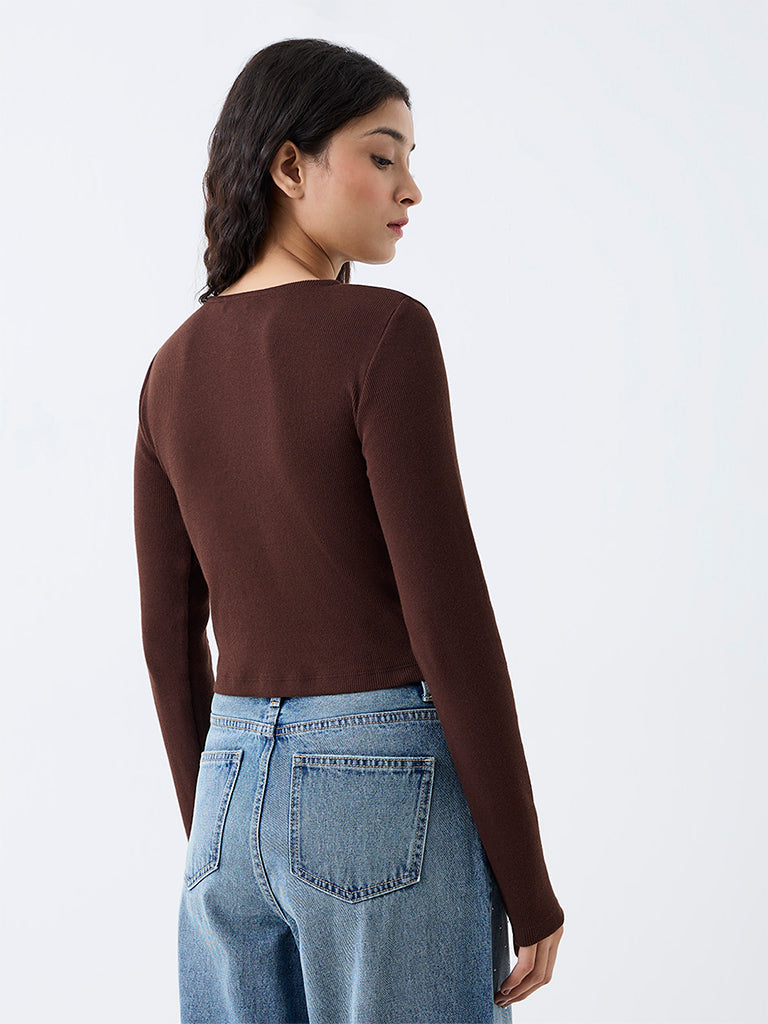 Nuon Dark Brown Ribbed-Textured Cotton Top
