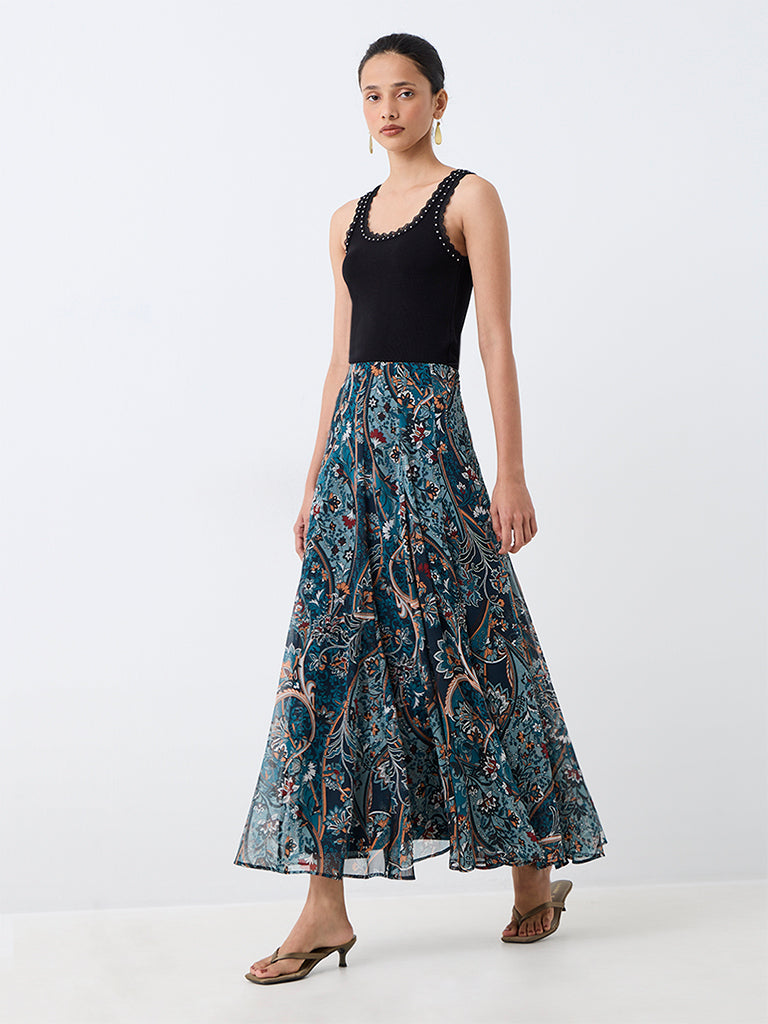 LOV Dark Teal Floral Printed High-Rise Skirt