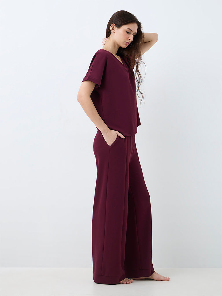 Wunderlove Wine Solid High-Rise Pants