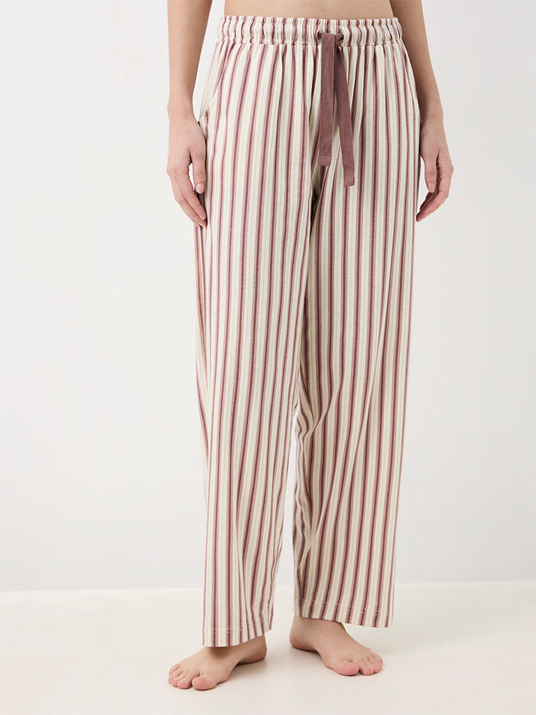 Wunderlove Light Beige Striped High-Waist Cotton Pants