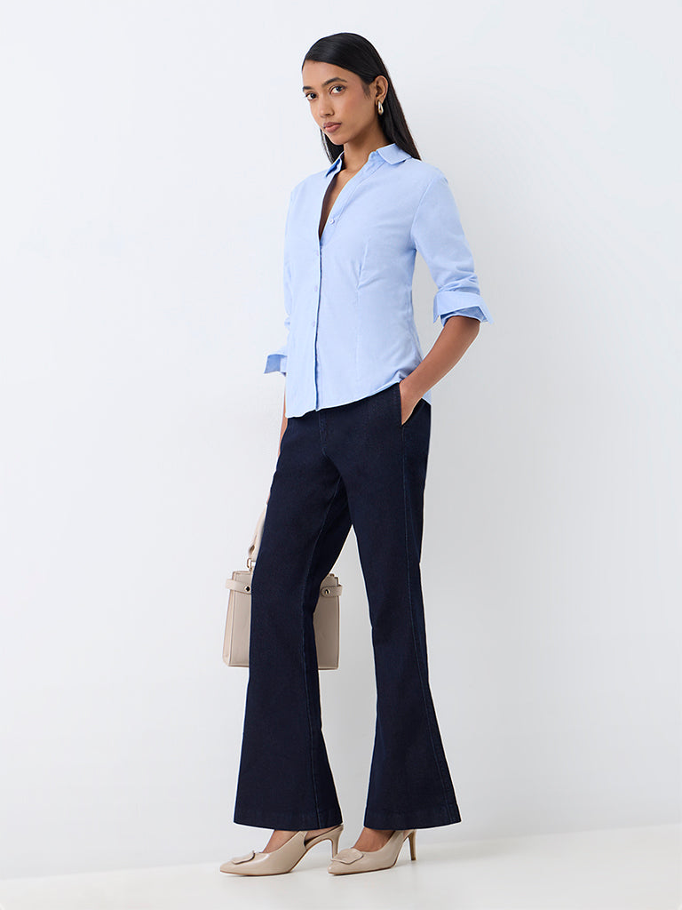 Wardrobe Blue Solid Cotton-Blend Shirt