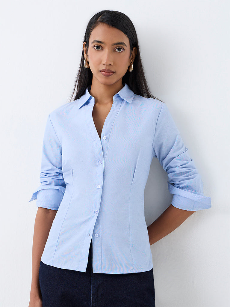 Wardrobe Blue Solid Cotton-Blend Shirt