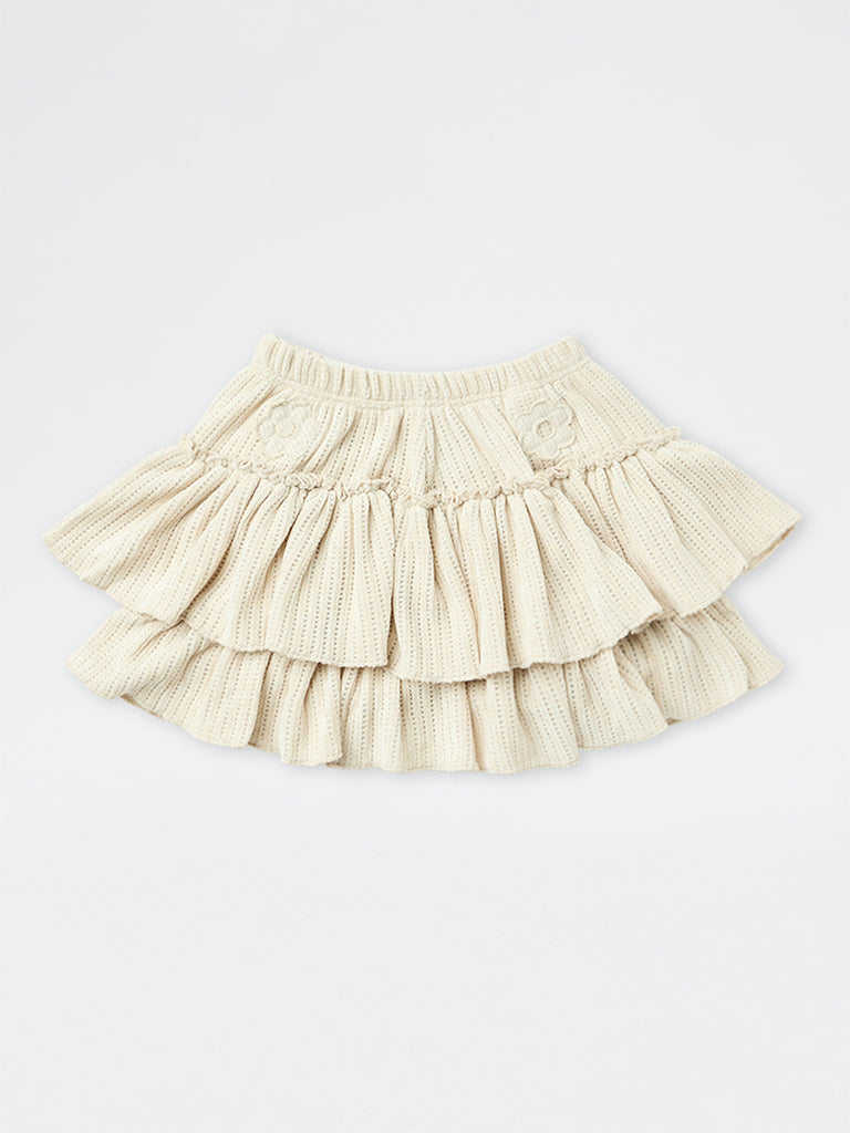 Girls Light Beige Floral Applique High-Rise Tiered Skirt