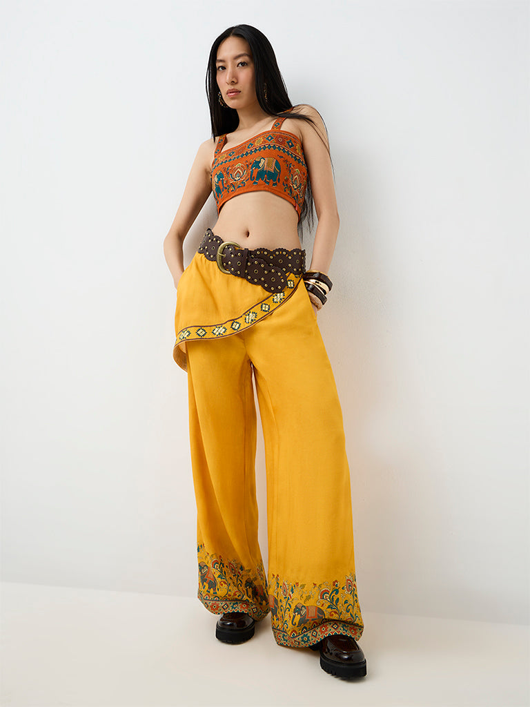 Bombay Paisley Mustard Wrap-Front High-Rise Pants