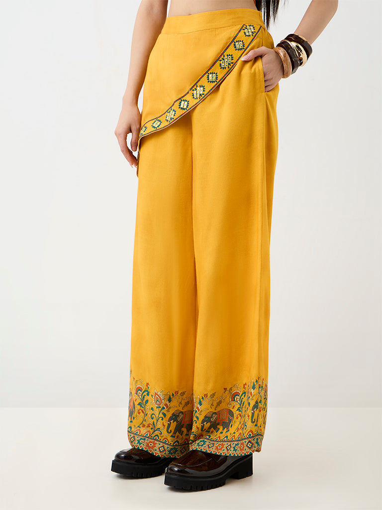 Bombay Paisley Mustard Wrap-Front High-Rise Pants