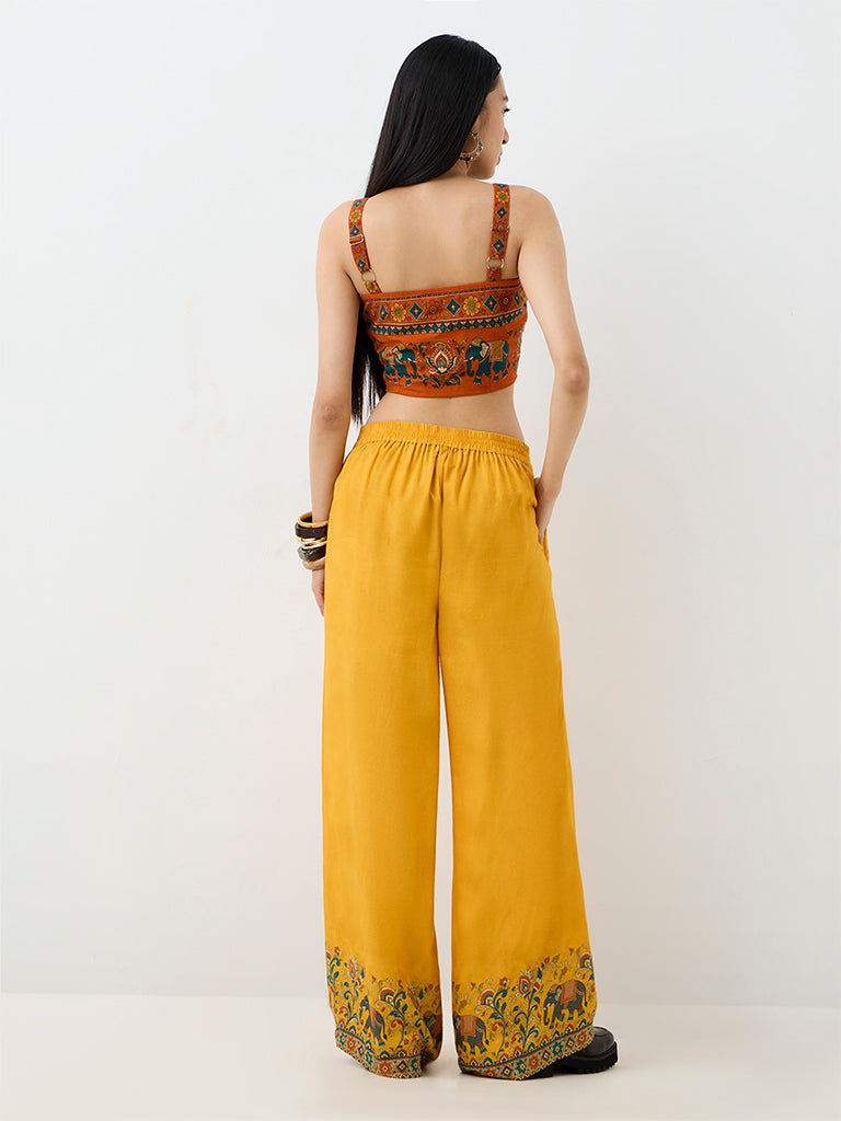 Bombay Paisley Mustard Wrap-Front High-Rise Pants