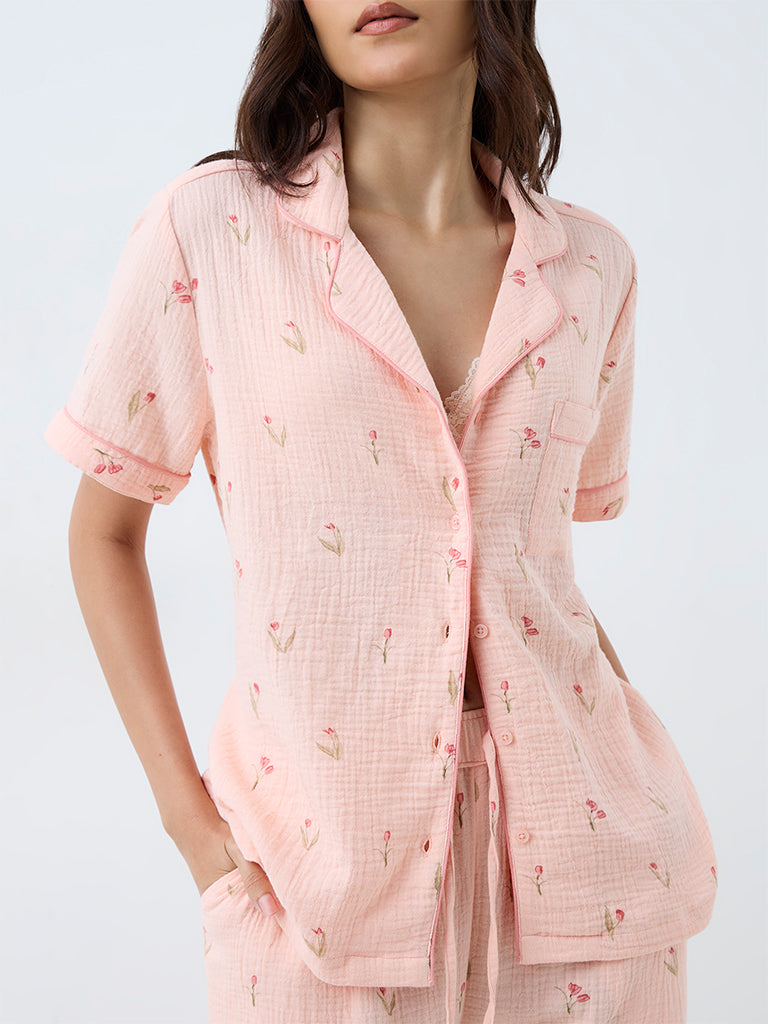 Wunderlove Peach Floral Design Shirt and Pyjama Sets