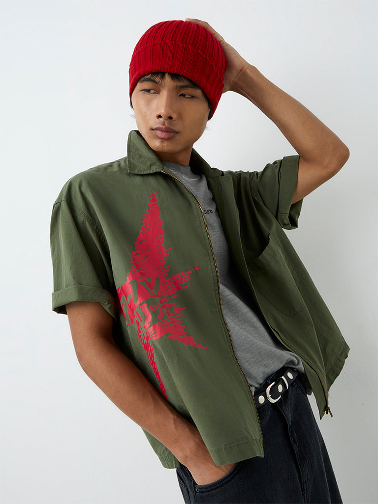 Nuon Dark Olive Star Printed Boxy-Fit Cotton Shirt