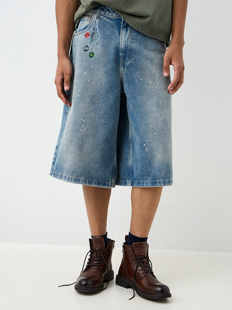 Nuon Light Blue Washed Baggy-Fit Mid-Rise Denim Jorts