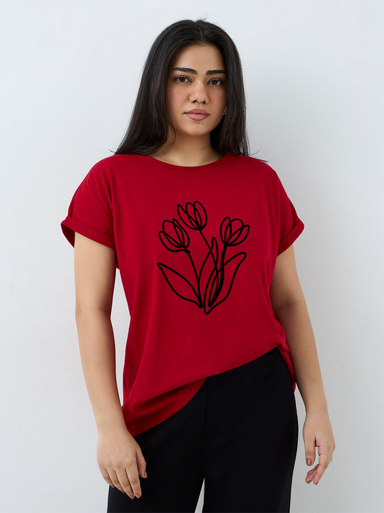 Gia Red Floral Design T-Shirt